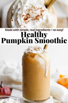 pumpkin smoothie with whipped cream and cinnamon on top