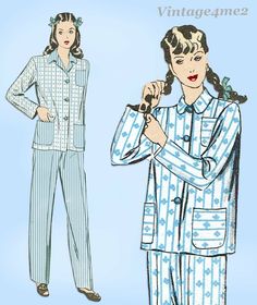 Hollywood 1259: 1940s Misses WWII Pajamas Set Size 30 B Vintage Sewing Pattern #Hollywood #Loungewear Vintage Cotton Sets For Daywear, Vintage Blue Long Sleeve Sets, Vintage Blue Sleepwear, Vintage Long Sleeve Loungewear Set, Vintage Long Sleeve Daywear Sets, Pajama Shirt Pattern, 1950s Pajamas, Pajamas Pattern, Pattern Trousers