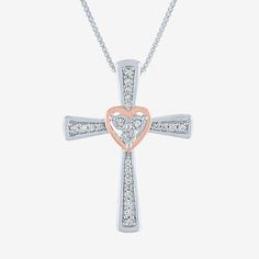 Features: Religious Jewelry, Quick ShipDiamond Clarity: I3Jewelry Closure: Spring Ring ClaspSetting: Multi-SettingShape: CrossStone Cut: RoundDiamond Color: I-JMetal Color: Two ToneChain Length: 18 InchRounded Carat Weight: 1/10 Ct. T.w.Chain Construction: BoxCare: Wipe CleanStone Type: 24 Natural DiamondAuthenticity: Natural DiamondBirthstone: April BirthstoneMetal: 14k Rose Gold Over Silver, Sterling SilverNecklace Type: Pendant NecklacesCountry of Origin: Imported White Cross Jewelry For Valentine's Day, Rose Gold Cross Jewelry For Mother's Day, White Diamond Cut Jewelry For Mother's Day, Rose Gold Cross Jewelry For Anniversary, Cross-shaped Jewelry For Valentine's Day Anniversary, Valentine's Day Cross Jewelry For Anniversary, Valentine's Day Cross Shaped Jewelry For Anniversary, Sterling Silver Cross Pendant, Silver Cross Pendant