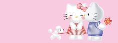 two cats are standing next to each other on a pink background with the caption hello kitty