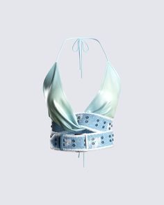 A must-have for our babes who like to make a statement 💙 Step out in style with this blue s belted halter top. Featuring a printed satin fabric, raw frayed edges, and a wrap-around belt for a bold, but playful look 👏🏼 White Corset Dress, Denim Pleated Skirt, Future Of Fashion, Red Mini Skirt, Chain Dress, Welcome To The Future, Rhinestone Top, Cropped Long Sleeve, No Waste