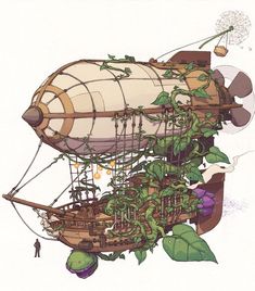 a drawing of a ship with plants growing out of it