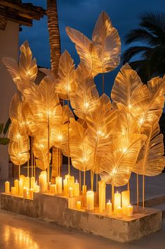 a bunch of candles that are sitting in front of some plants with leaves on them