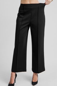 Spanx Ponte Wide Leg Pants, Black Workwear Cropped Leg Pants With 4-way Stretch, Solid Cropped Leg Work Pants, Solid Color Cropped Leg Work Pants, Solid Cropped Pants For Work, Solid Cropped Workwear Pants, Solid Color Cropped Pants For Workwear, Elastane Cropped Leg Pants For Workwear, Chic Tailored Cropped Leg Dress Pants, Chic Tailored Cropped Dress Pants