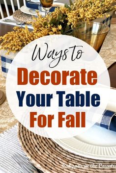 Blue and gold table accessories for fall Table Placemats Ideas, Simple Fall Table Decor, Fall Table Ideas, Seagrass Placemats, Table Fall Decor