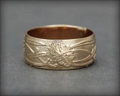 Gold Art Nouveau Wide Floral Band - LE Jewelry Designs Lauren Elizabeth, Wide Wedding Bands, Art Nouveau Ring, Wide Band Ring, Wide Band Rings, Crown Jewels, Gold Art, Wide Bands, Jewelry Designs