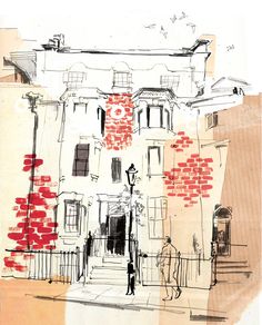 a drawing of people walking in front of a building with red and white paint on it