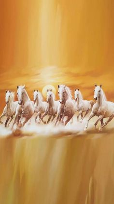 a group of white horses running across a desert under a yellow sky with sun shining through the clouds