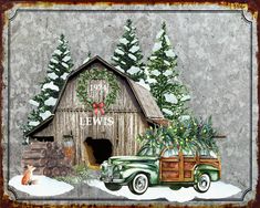 a painting of an old green truck with christmas trees on the roof and a barn in the background