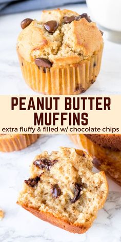 two muffins with chocolate chips on top and the words, peanut butter muffins extra fluffy & filled with chocolate chips