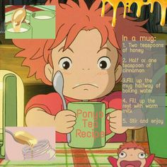 an anime character holding a cup and spoon in front of his face with the words pono tea recipe on it