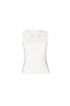 Chanel Grey White CC Logo Back Sleeveless Top White Classic Tank Top, Classic White Sleeveless Tank Top, White Sleeveless Top With Logo Print, White Cotton Athleisure Vest, Sporty Fitted White Vest, Vintage Chanel Clothing, Chanel Outfit, Chanel Logo, Earring Jackets