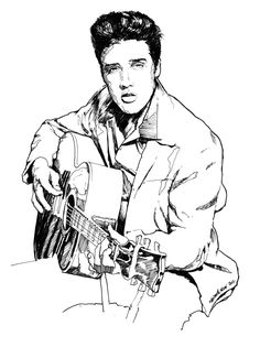 elvis presley playing the guitar in black and white ink drawing by artist mark mcreae