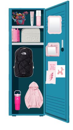 an open blue locker filled with personal items