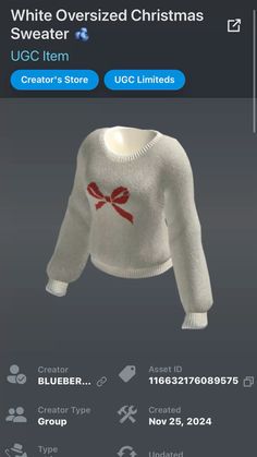 a white sweater with a red bow on the front and bottom, is displayed in an app