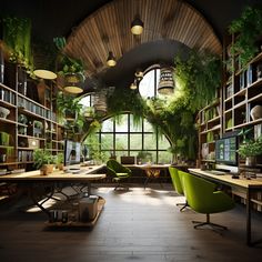 an office filled with lots of plants and desks in front of large open windows