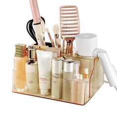 an assortment of beauty products in a clear container