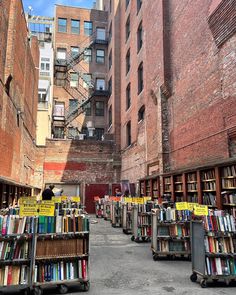 an alleyway filled with lots of books in front of tall brick buildings and fire escapes