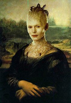 a painting of a woman with blonde hair wearing a black dress and holding her hands on her chest