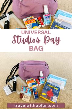 the contents of a travel bag with text overlay that says universal studios pay bag