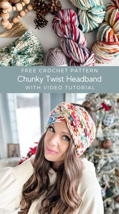 a woman wearing a crochet headband with text overlay that reads, free crochet pattern chunk twist headband with video tutor