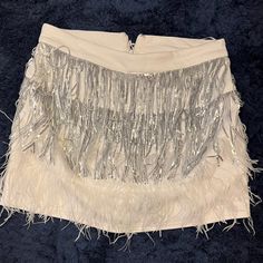 Brand New With Tags, Really Beautiful & Good Stretch! Chic White Skirt With Fringe, Elegant White Fringe Skirt, Chic White Bottoms With Fringe, White Fitted Fringe Skirt, Chic White Mini Skirt For Party, Maxi Sequin Skirt, Olive Skirt, Pink Floral Skirt, Bodysuit And Skirt