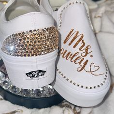 Bling Shoes Vans, Bedazzled Vans, Bling Vans Shoes, Custom Wedding Vans, Rhinestone White Vans, Bedazzled Vans Wedding, Wedding Vans Shoes, Custom Vans Wedding Shoes, Weddings Shoes