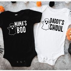 Mama's Boo or Daddy's Ghoul Halloween Baby Bodysuit Salt and Sparkle Cute Halloween Onesies, My First Halloween Onesie, Funny Fitted Black Onesie, Cute Black Bodysuit For Playtime, Black Onesie For Halloween Playtime, Black Halloween Onesie For Playtime, Fun Black Cotton Onesie, Black Letter Print Onesie For Playtime, Cute Black Onesie With Letter Print