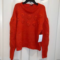 New With Tag Trendy Red Sweater For Spring, Red Soft Knit Sweater For Fall, Orange Soft Knit Sweater For Spring, Red Textured Knit Sweater For Fall, Trendy Red Soft Knit Sweater, Red Soft Knit Sweater, Casual Red Textured Knit Sweater, Red Crew Neck Sweater With Textured Knit, Orange Long Sleeve Soft Knit Sweater