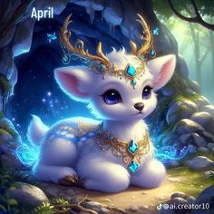 a cute little white deer with blue eyes sitting on the ground in front of a forest