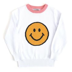 Be Happy Pullover Sweater She'll be all smiles in this adorable Smiley Face sweater 🙂 100% cotton sweater Contrasting crewneck Smiley Face design Sweaters run closer to the smaller size of each size. For example, a 6/7 sweater is closer to a size 6 than a size 7. If between sizes, we suggest sizing up for longer wear. 100% Cotton. Hand wash. Hang or lay flat to dry. Imported. Smiley Face Sweater, Smiley Face Design, In Icon, School Shopping, Cotton Pullover, Sock Shop, All Smiles, Face Design, Best Day Ever