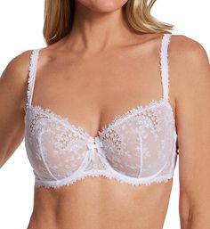 Exquisite embroidered tulle and guipure lace decorate this lovely underwire demi bra. Unlined (unpadded), darted underwire cups provide shape and support. Cup sizes D-F have non-stretch inner side support slings to give added lift at sides. Elasticized top cup edge gives a more custom fit. Sewn-on elastic underband for added support. Center panel - narrow, with arched underside for high tummy comfort, and bow at top. Sides and back have sewn-on elastic at edges for custom fit. Reinforced, seamed Underwire Bra With Lace Bodice, Elegant Underwire Bra With Lace Bodice, Elegant Bra With Lace Bodice, Fitted Balconette Bra With Lace Trim, Lace Bra With Sweetheart Neckline And Lace Trim, Lace Bodice Bra For Weddings, Delicate Lace Bra With Lace Closure, White Lace Underwire Bra, Feminine Lace Wedding Bra