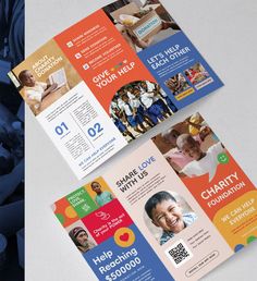 two fold brochures with different colors and designs on the front, back and sides