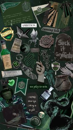 a collage of green and black items with the words, sayings, and images