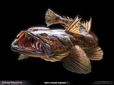 a fish with its mouth open and it's teeth wide open on a black background