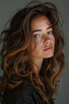 Portrait of a young woman with freckles, tousled brown hair, and a thoughtful expression. Long Sleek Hair, Summer Hair Color Ideas, Long Brunette Hair