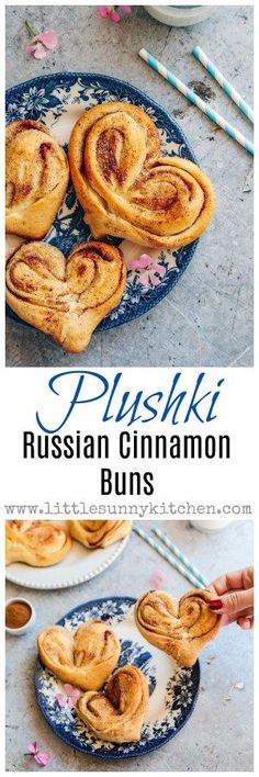 russian cinnamon buns on a blue and white plate with text overlay that reads, plushki russian cinnamon buns