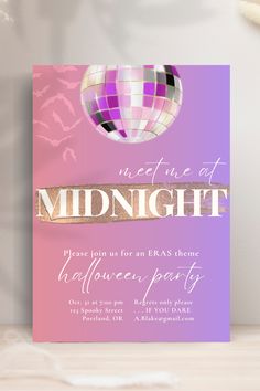 This invite has a purple and pink gradient background. At the top is a big, silver disco ball (mirrorball). In the upper lefthand corner is a flock of pink bats. Over this scene are written the words "Meet me at midnight," in reference to the Taylor Swift song, along with details for a Halloween party. Under the word "midnight" is a dash of glittery pink, to emphasize the word. Taylor Swift Invitations, Gala Themes, Enchanted Evening, Mirror Ball, Bachelorette Trip, Halloween Party Themes, Halloween Party Invitations