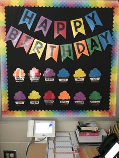 a happy birthday banner hanging on the wall above a desk with computer and other office supplies