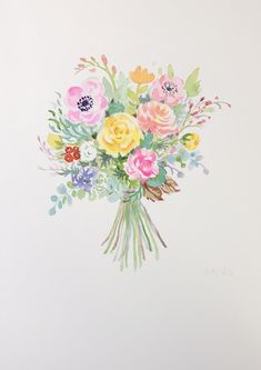 a watercolor painting of a bouquet of flowers