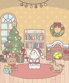 a cartoon character is sitting on the floor in front of a christmas tree and other toys