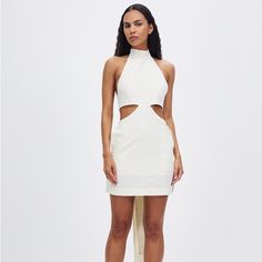 Nwt Bondi Born Matira Mini Dress - Pearl. Size Medium White Fitted Dress With Cutout Details, Summer White Cutout Dresses, White Cutout Summer Dress, White Sleeveless Mini Dress With Cutout, White Sleeveless Cutout Mini Dress, White Cutout Cocktail Dress, Elegant White Cutout Dress, Chic White Midi Dress With Cutout, Sleeveless Cutout Dress For Wedding