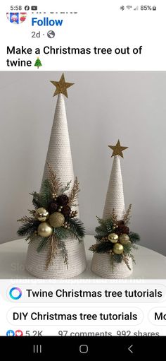 two christmas trees made out of twine