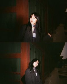 two pictures of a woman with long black hair, wearing a coat and standing in front of a door