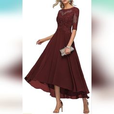 New - Unused Size - 12 Color - Burgandy Features:Elegant Tea Length A-Line Gown With Chiffon Skirt And Lace Applique Detail. Features A Soft Floral Embellished Bodice And Beautiful Round Collar. 3/8 Illusion Sleeve And Pockets Chiffon A-line Evening Dress, Red A-line Chiffon Party Dress, Evening Midi Dress With Lace Patchwork, Sheer Sleeves Chiffon Cocktail Dress, A-line Chiffon Dress For Party, A-line Chiffon Georgette Party Dress, A-line Georgette Chiffon Dress For Party, A-line Evening Dress With Lace Bodice For Cocktail, Cocktail Chiffon Dress With Sheer Sleeves