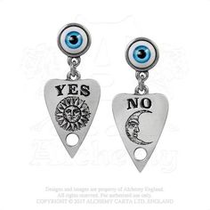 Apairofpewter,seanceplanchette,eardroppersengravedwith"Yes"ononesideand"No"ontheother,suspendedfromstudssetwithrealisticacryliceyes;surgicalsteelear-posts.FeaturesDiscoveringmysteriesontheothersideSpecificationsMaterial:Pewter,RealisticSmallTaxidermalEye&SurgicalSteelWeight:0.12lbs Ouija Planchette, Mystic Eye, Pewter Earrings, Alchemy Gothic, Pewter Jewelry, Alternative Jewelry, Ear Ring, Gothic Accessories, Powerful Art