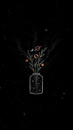 flowers in a jar on a black background with stars and moon falling down the side