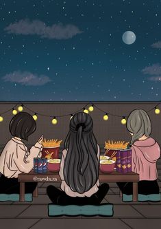 two people sitting at a table with food in front of the moon and stars above them