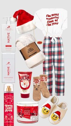 the contents of a christmas gift set including socks, t - shirt and slippers