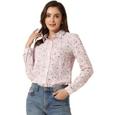 Let your wardrobe blossom with this graceful floral shirt. Whether you're in the office or out on town, this ditsy floral-printed shirt is perfect for any occasion. Wear this shirt out for a breezy look. Pair it with skirts or skinny jeans and high-heeled sandals to finish your look. The graceful floral print makes this blouse a lovely addition to your weekend wardrobe. Womens Button Down Shirt, Oversized Button Down Shirt, Women's Button Down Shirt, Women Office, Floral Print Shirt, Weekend Wardrobe, Collar Blouse, Pink Blouse, Women's Shirts